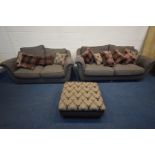 A PARTIAL GREY SUEDE AND UPHOLSTERED, THREE PIECE LOUNGE SUITE, comprising two sized sofas, width