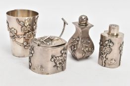 A CHINESE SILVER CONDIMENT SET, comprising a salt with clear glass liner and two pepper pots with