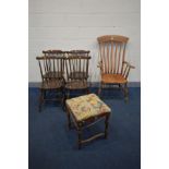 A STRIPPED BEECH WINDSOR ARMCHAIR, along with four stained beech Windsor chair and an oak stool (6)