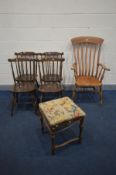 A STRIPPED BEECH WINDSOR ARMCHAIR, along with four stained beech Windsor chair and an oak stool (6)