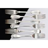 SIX SILVER FIDDLE PATTERN FORKS, each with an engraved monogram to the handle, all with London