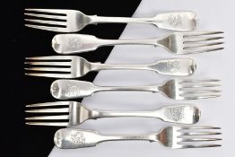 SIX SILVER FIDDLE PATTERN FORKS, each with an engraved monogram to the handle, all with London