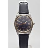 A GENTLEMAN'S OMEGA AUTOMATIC GENEVE WRISTWATCH, the circular face with baton hour markers, date