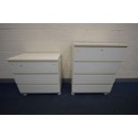 A WHITE CHEST OF FOUR LONG DRAWERS, integrated handles, on later bun feet, width 81cm x depth 49cm x