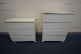 A WHITE CHEST OF FOUR LONG DRAWERS, integrated handles, on later bun feet, width 81cm x depth 49cm x