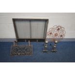 A SELECTION OF METALWARE, to include a fire screen with a mesh curtain, cast iron foliate plaque