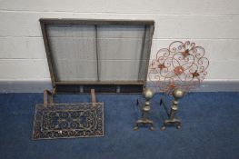 A SELECTION OF METALWARE, to include a fire screen with a mesh curtain, cast iron foliate plaque