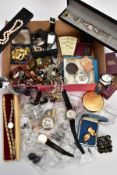 A SELECTION OF MAINLY WATCHES AND COSTUME JEWELLERY, to include a Stratton compact, two pocket