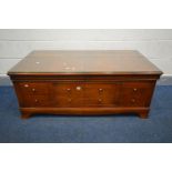 A WILLIS & GAMBIER STYLE CHERRYWOOD AND BOX INLAID COFFEE TABLE, the top with double sliding top