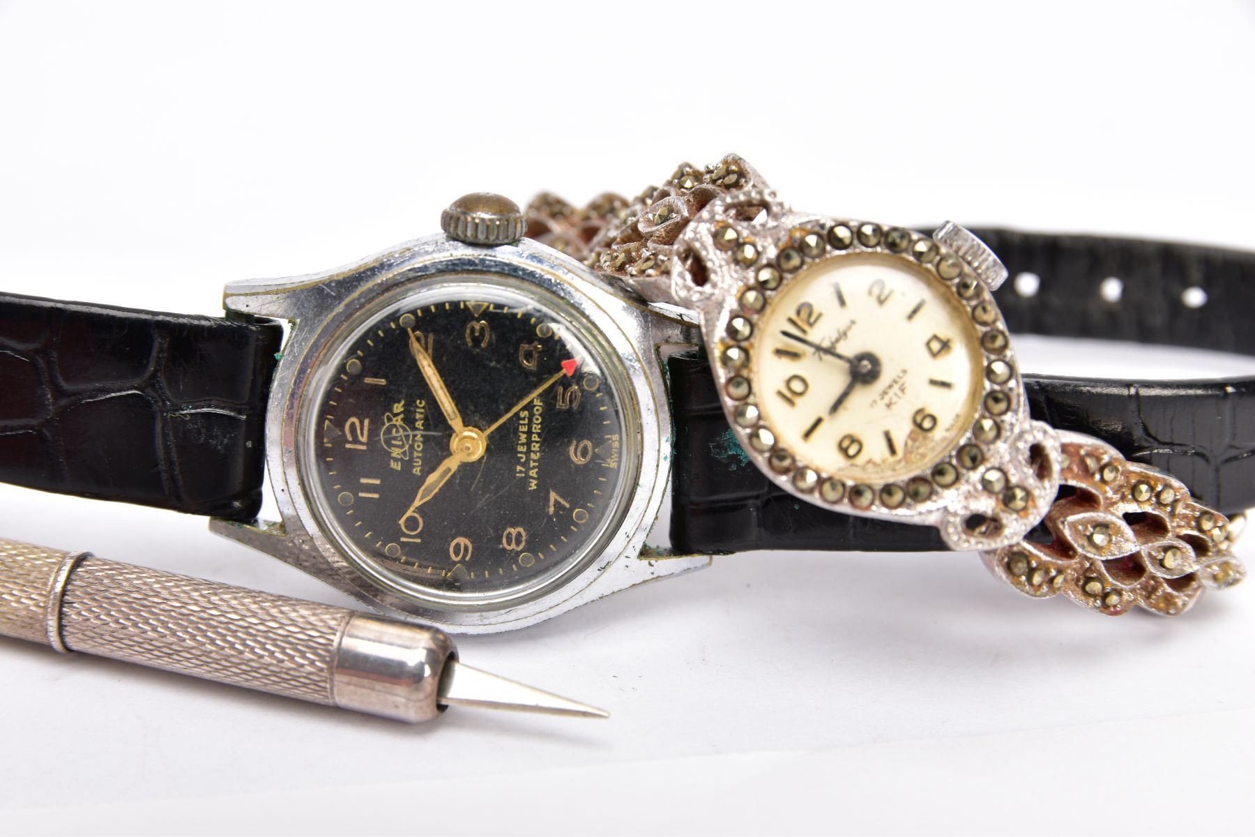 A LADIES 'ENICAR AUTOMATIC' WATCH, A LADIES STAINLESS STEEL MARCASTIE WATCH AND A SILVER CIGAR - Image 5 of 5