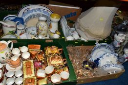 FOUR BOXES AND LOOSE CERAMICS AND GLASS ETC, to include Price Kensington cottage wares, Johnson Bros