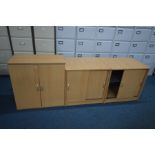 TWO BEECH SLIDING DOOR OFFICE CABINETS, width 75cm x depth 60cm x height 73cm, along with a