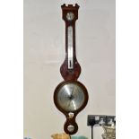 AN EARLY 19TH CENTURY MAHOGANY WHEEL BAROMETER WITH SATINWOOD AND EBONY STRINGING, damaged broken