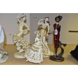 FOUR LEONARDO COLLECTION RESIN LADY FIGURES, two modelled as dancers in traditional costume, tallest