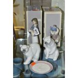 TWO BOXED LLADRO FIGURES, TWO LLADRO POLAR BEARS AND A PIN DISH, the boxed figures comprising Girl