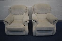 A CREAM UPHOLSTERED TWO PIECE SUITE, comprising an electric reclining armchair (PAT pass and