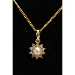 A 9CT GOLD CULTURED PEARL AND DIAMOND PENDANT NECKLACE, the pendant of a cluster from, set with a