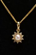 A 9CT GOLD CULTURED PEARL AND DIAMOND PENDANT NECKLACE, the pendant of a cluster from, set with a