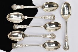 SIX KINGS PATTERN SERVING SPOONS, to include two hallmarked 'William Eaton' London 1835, length 23.