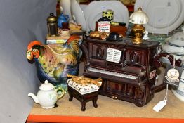 SIX NOVELTY TEAPOTS, ETC, comprising a Belleek miniature, The Tea Pottery Piano and Stool, Tea