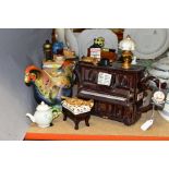 SIX NOVELTY TEAPOTS, ETC, comprising a Belleek miniature, The Tea Pottery Piano and Stool, Tea