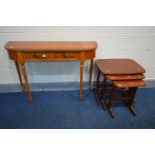 A YEW WOOD HALL TABLE with two drawers, and a mahogany nest of three drawers (2)