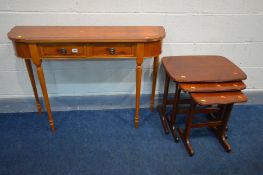 A YEW WOOD HALL TABLE with two drawers, and a mahogany nest of three drawers (2)