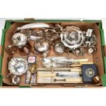 A BOX OF ASSORTED WHITE METAL WARE, to include a three piece EPNS tea set comprising of a teapot,