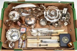 A BOX OF ASSORTED WHITE METAL WARE, to include a three piece EPNS tea set comprising of a teapot,