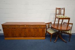 A YEW WOOD CIRCULAR PEDESTAL TABLE, diameter 91cm x height 76cm, three chairs, and a long