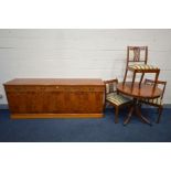 A YEW WOOD CIRCULAR PEDESTAL TABLE, diameter 91cm x height 76cm, three chairs, and a long