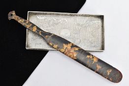 A CHINESE SILVER PEN TRAY AND AN EARLY 20TH CENTURY TORTOISESHELL PAGE TURNER, the rectangular