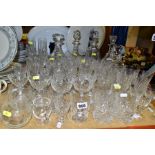 A QUANTITY OF CUT GLASS, ETC, to include six decanters, including a Royal Brierley example, one with