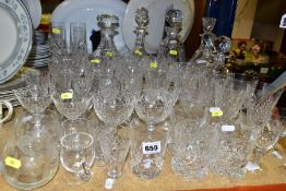 A QUANTITY OF CUT GLASS, ETC, to include six decanters, including a Royal Brierley example, one with