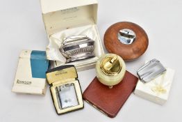 A TRAY OF ASSROTED SMOKING EQUPIMENT, to include a onyx table lighter, a circular wooden 'Ronson'