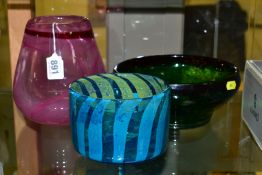 THREE PIECES OF STUDIO GLASS, comprising a Mdina bowl, signed to base, height approximately 9cm, a