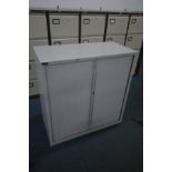 A TRIUMPH METAL DOUBLE ROLL FRONT OFFICE CABINET, with two shelves, width 101cm x depth 48cm x