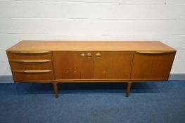 A MCINTOSH & CO 7FT TEAK SIDEBOARD, a bank of three graduated drawers, the top drawer red baize