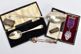 A SELECTION OF SILVER, to include an old English pattern basting spoon, engraved initials 'P B E' to