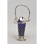 AN EARLY 20TH CENTURY SILVER BUD VASE, of basket design with tapered body, scalloped rim and blue