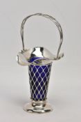 AN EARLY 20TH CENTURY SILVER BUD VASE, of basket design with tapered body, scalloped rim and blue