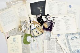 A BOX OF COSTUME JEWELLERY AND A BOX OF MASONIC REGALIA, to include white metal ring set with a pink