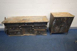 A DISTRESSED LATE VICTORIAN SIDEBOARD, with a later top, width 174cm x depth 54cm x height 75cm