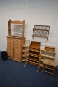 A COLLECTION OF PINE FURNITURE comprising a two adjoined tall slim chest of seven drawers, width