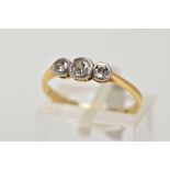 A THREE STONE DIAMOND RING, designed as three graduated old cut diamonds within collet settings,