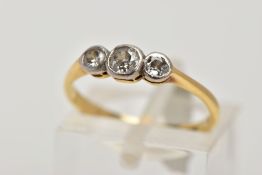 A THREE STONE DIAMOND RING, designed as three graduated old cut diamonds within collet settings,