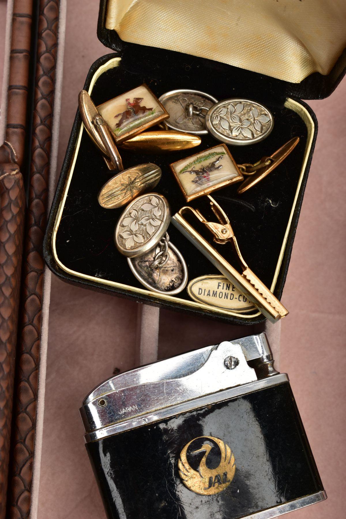 A THREE TIER JEWELLERY BOX WITH CONTENTS, A BOX OF CUFFLINKS AND LIGHTERS, the brown jewellery box - Image 7 of 8
