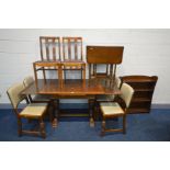 AN OAK DRAW LEAF TABLE together with a set of four chairs and two other chairs together with a small