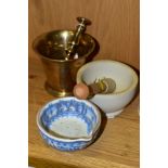 A BRASS PESTLE AND MORTAR, together with a 'Milton/Brook' pestle and mortar and a Crown Ducal
