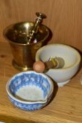 A BRASS PESTLE AND MORTAR, together with a 'Milton/Brook' pestle and mortar and a Crown Ducal